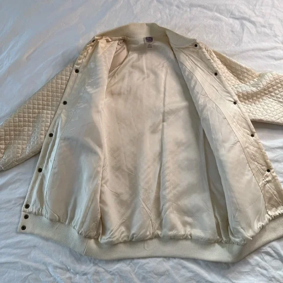 Vintage Saks Fifth Avenue Quilted Silk Bomber Jacket 90s Ivory Cream Women’s M - Picture 6 of 14